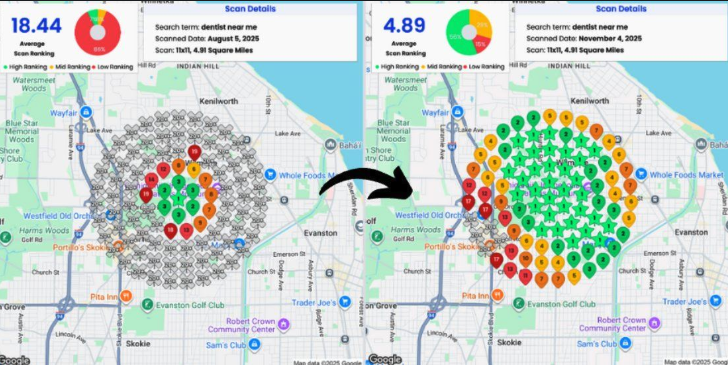 Average rank improved from 18.44 to 4.89 in 3 months for a client outside Chicago